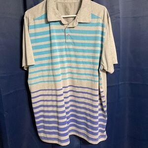 Golf shirt gray with turoquise and purple stripes size 2XL.  M02